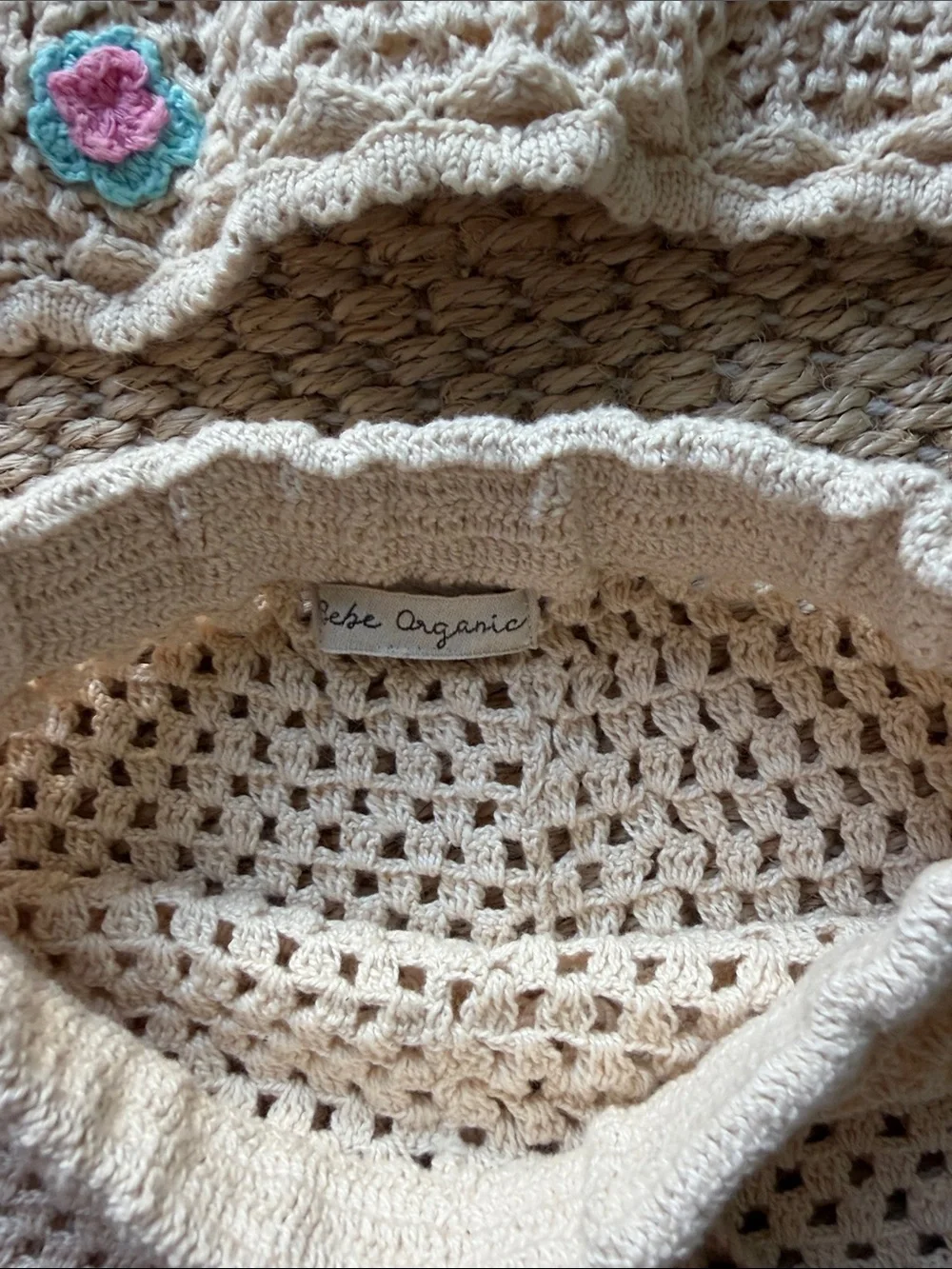 Handmade Crochet Tank Top & Shorts Set - Cream with Pink & Teal Flower Accents